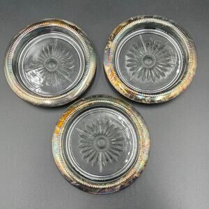 Vintage Leonard Silverplate Coasters Italy Glass Insert Starburst Set of 3